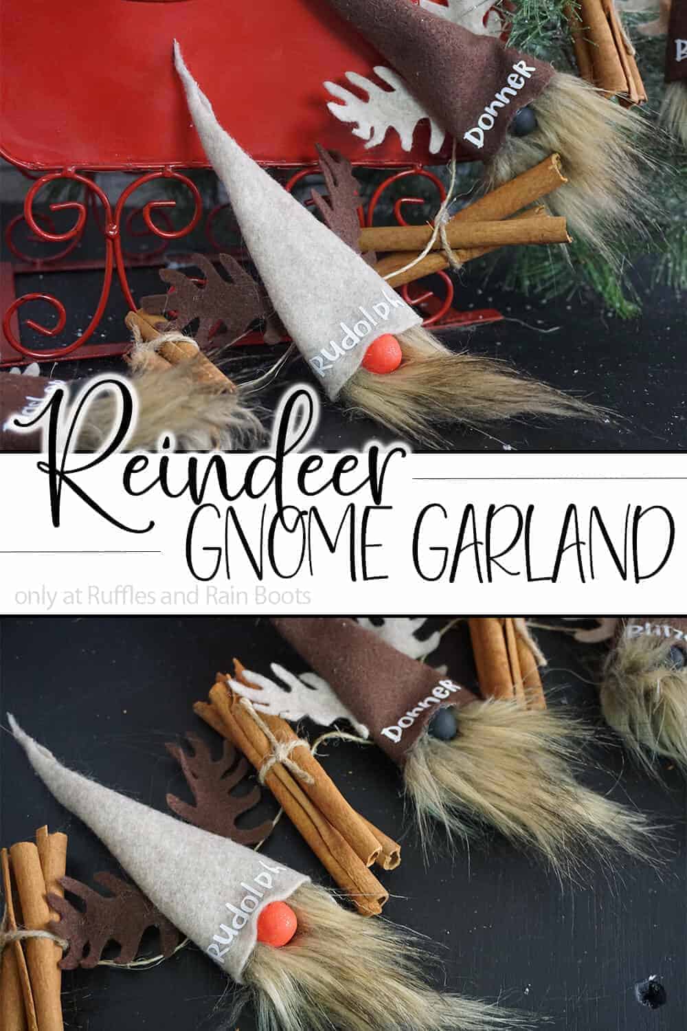 photo collage of holiday garland diy project with text which reads reindeer gnome garland