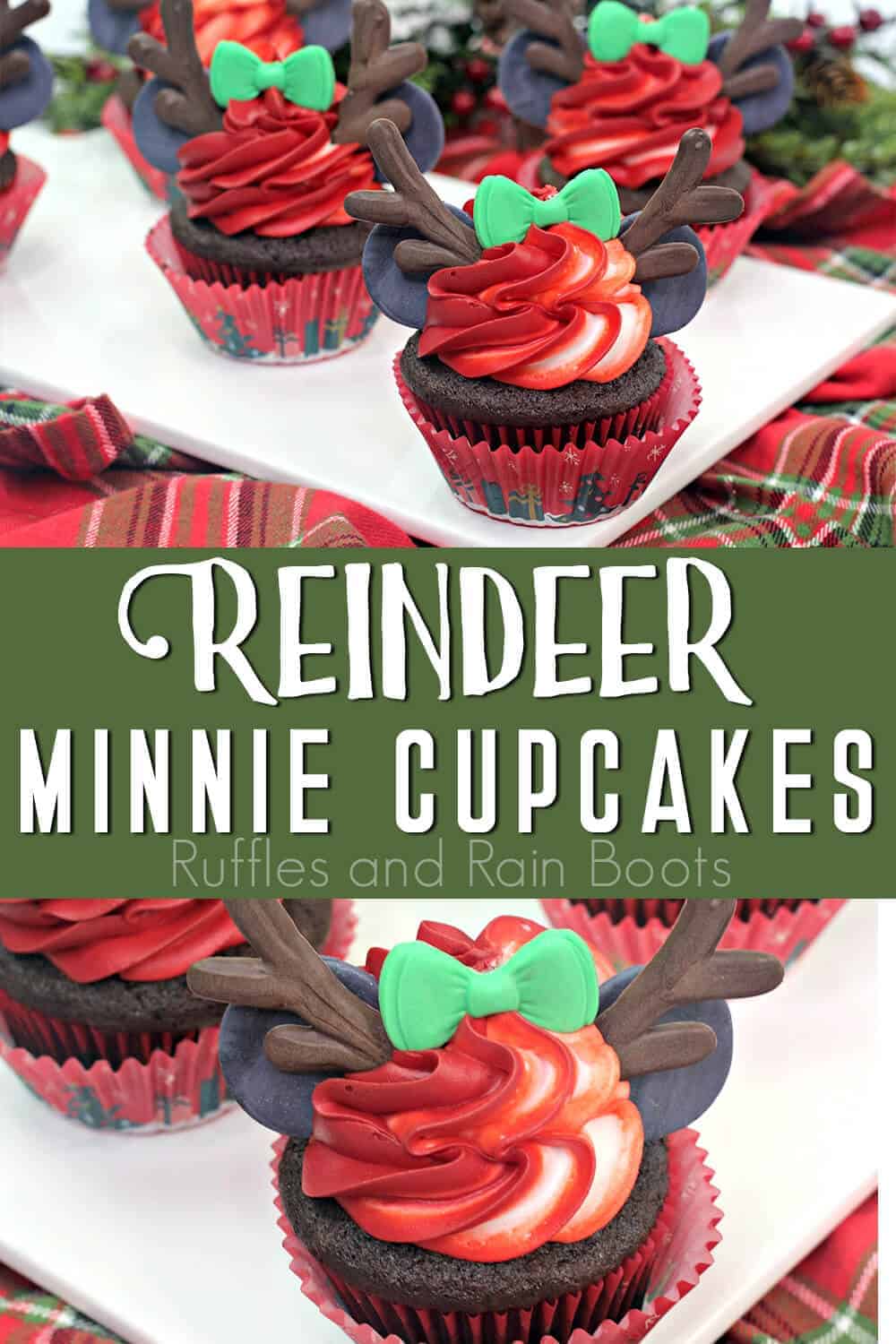 photo collage of holiday cupcakes with text which reads reindeer minnie cupcakes