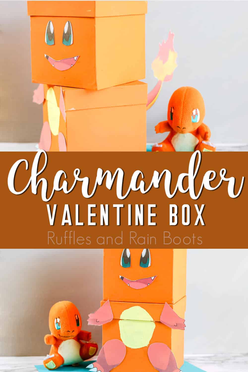 photo collage of pokemon valentine craft idea for kids with text which reads charmander valentine box for kids