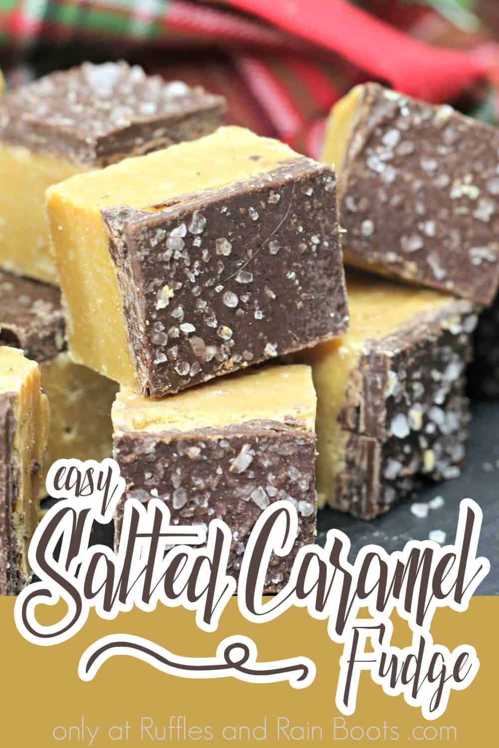 closeup of easy fudge with caramel and chocolate with text which reads easy salted caramel fudge