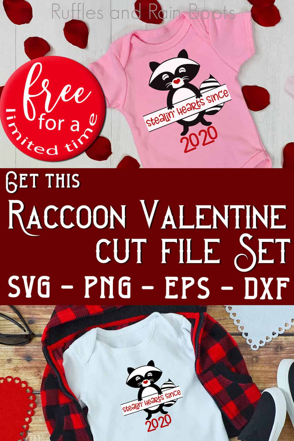 photo collage of baby onesie and kid shirt with raccoon svg for valentines with text which reads get this raccooon valentine cut files set svg png eps dxf