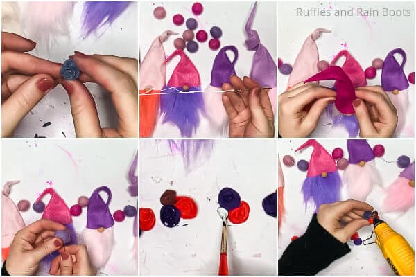photo collage tutorial of how to make a garland with gnomes for valentines