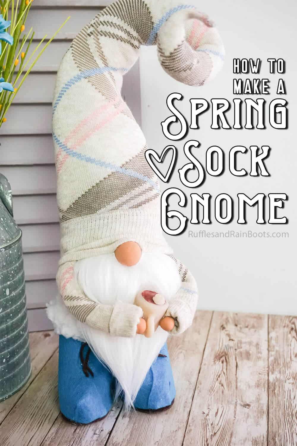 front view of a spring gnome for farmhouse decor with text which reads how to make a spring sock gnome