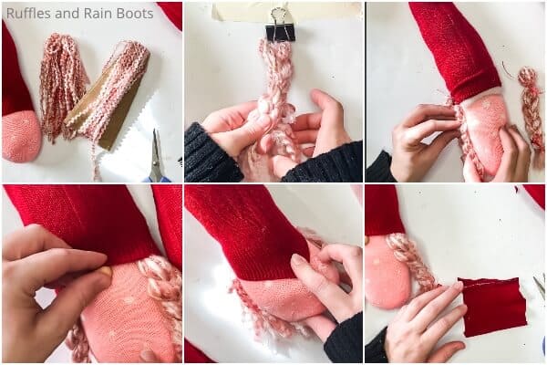 photo collage tutorial of how to make a valentine sock gnome with a twisty hat