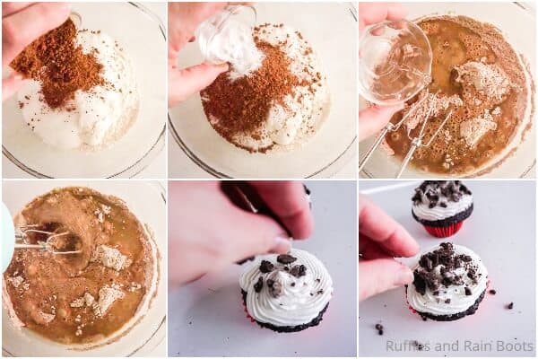photo collage tutorial of how to make cookies and cream cupcakes