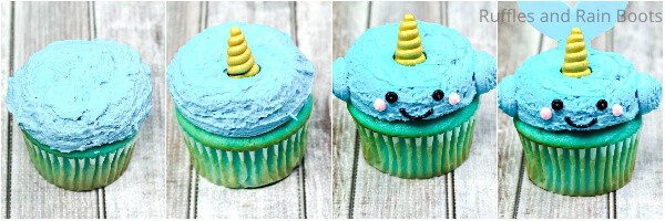 photo collage tutorial of how to make narwhal cupcakes
