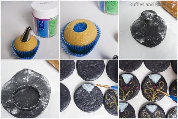 photo collage tutorial of how to make princess anna cupcakes with mickey ears