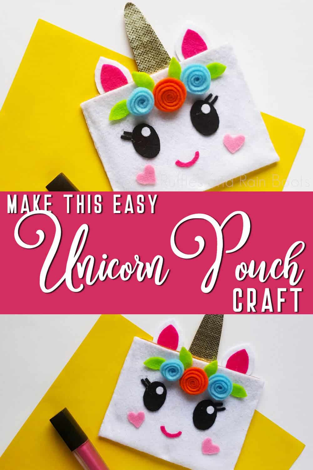 photo collage of easy unicorn makeup bag craft with text which reads make this easy unicorn pouch craft