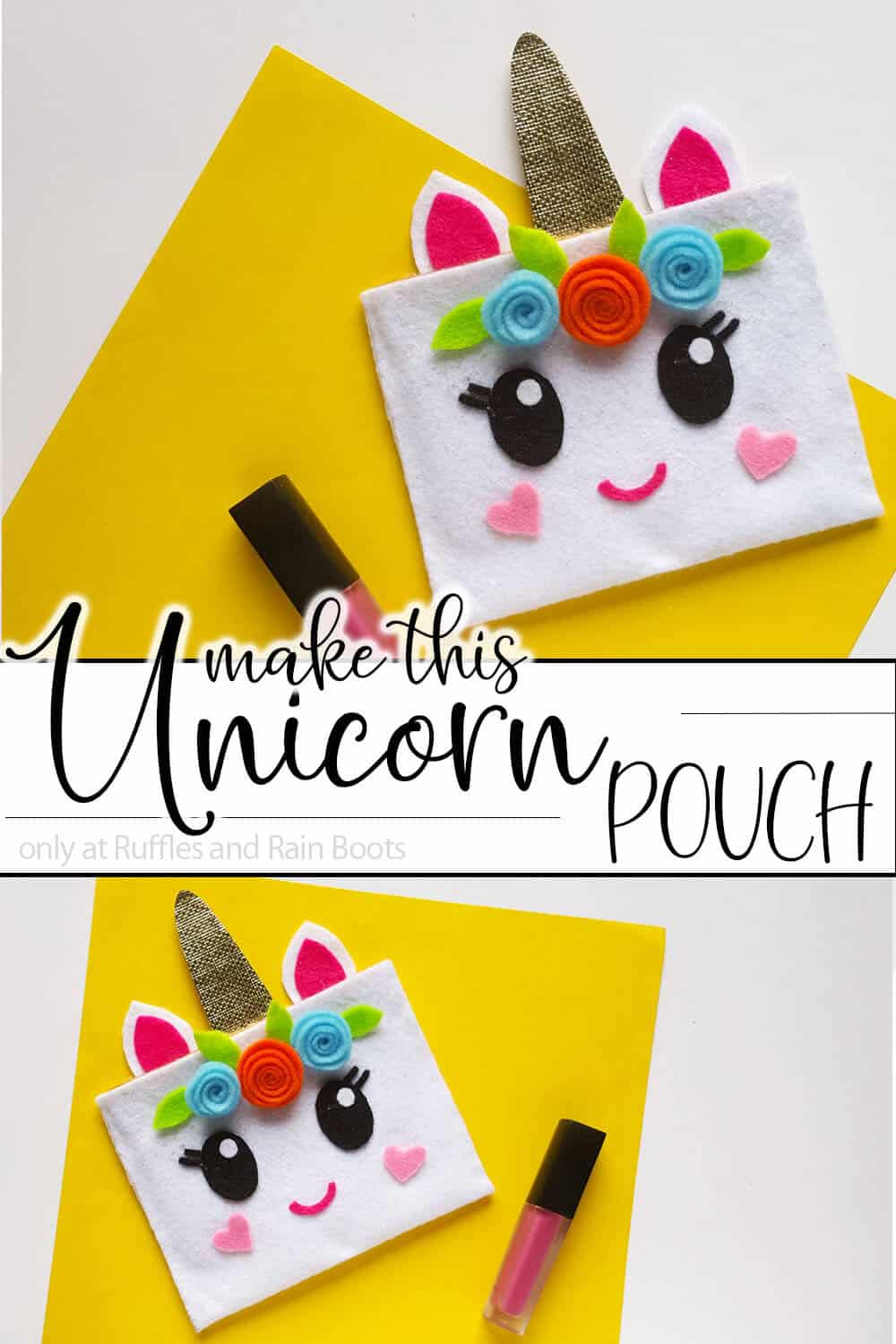 photo collage of unicorn pencil bag with text which reads make this unicorn pouch