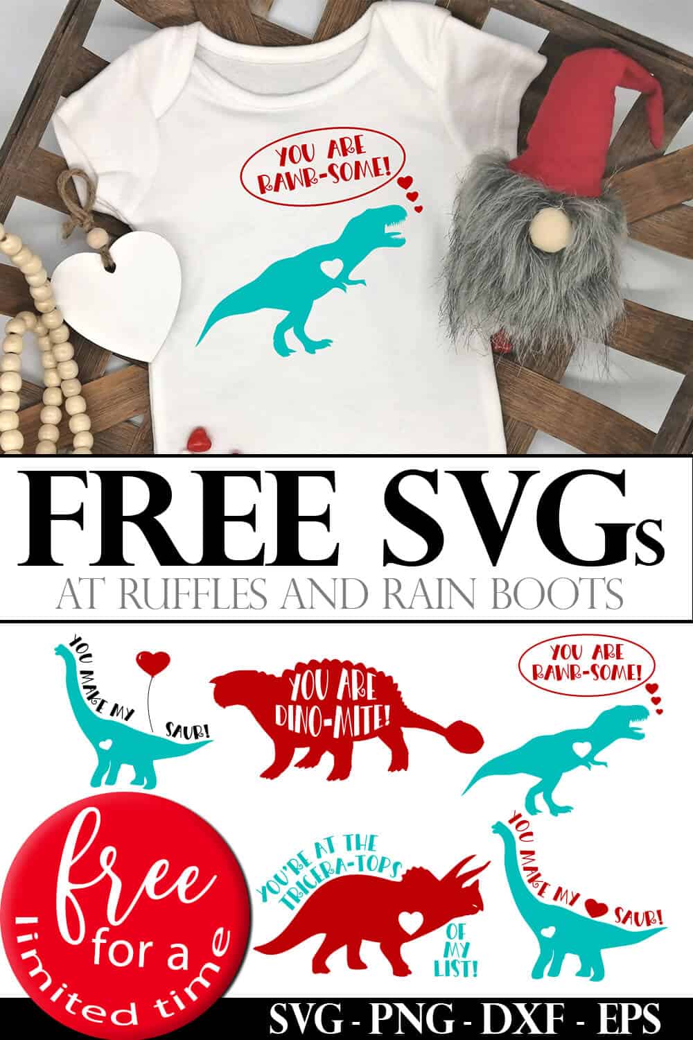 photo collage of baby onesie with dinosaur cut file with text which reads free svgs