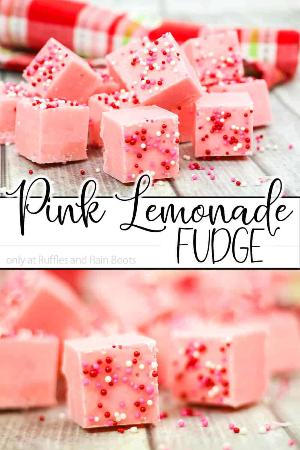 photo collage of pink party fudge recipe with text which reads pink lemonade fudge