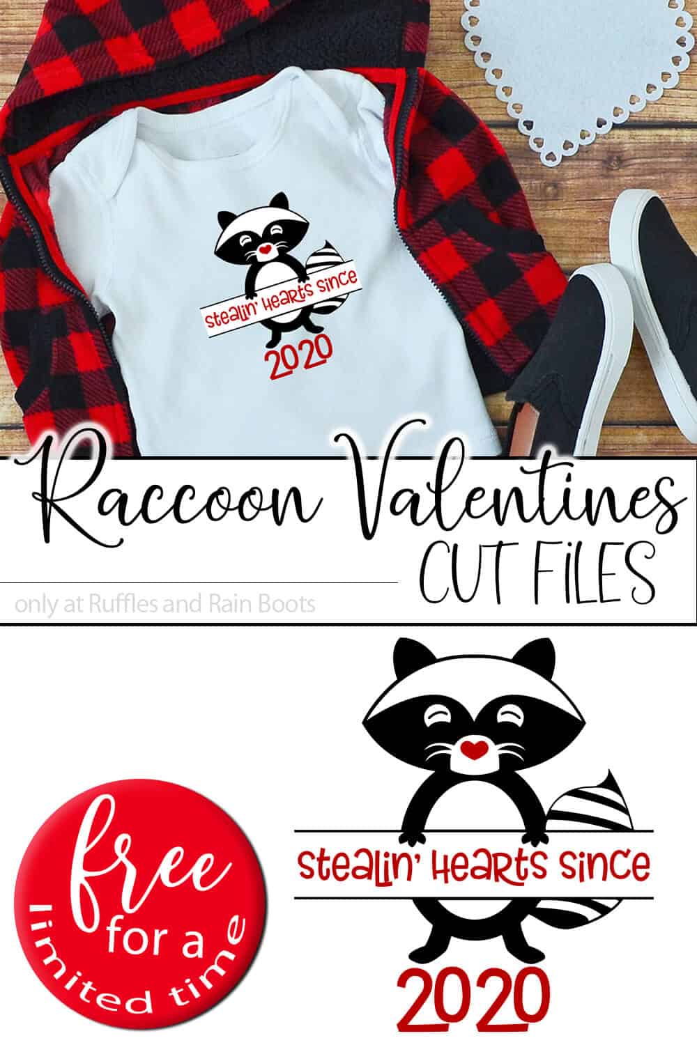 photo collage of kid shirt with the raccoon cut file for cricut or silhouette with text which reads raccoon valentines cut files