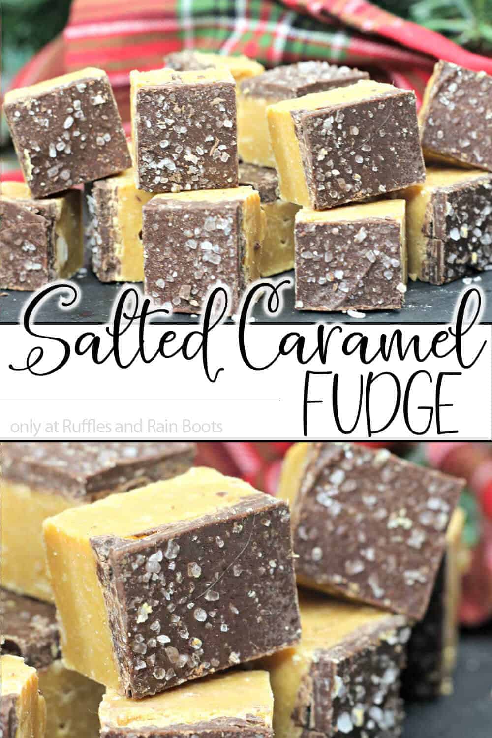 photo collage of caramel chocolate fudge with text which reads salted caramel fudge