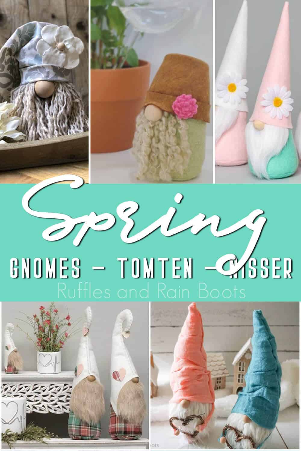 photo collage of farmhouse gnomes for spring with text which reads spring gnomes tomten nisser