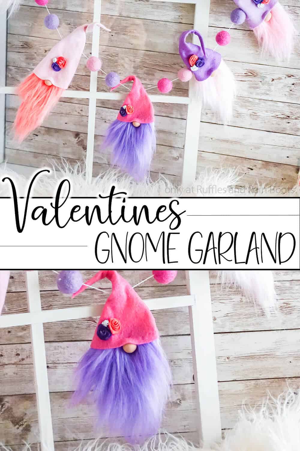 photo collage of diy garland with gnomes with text which reads valentine gnome garland