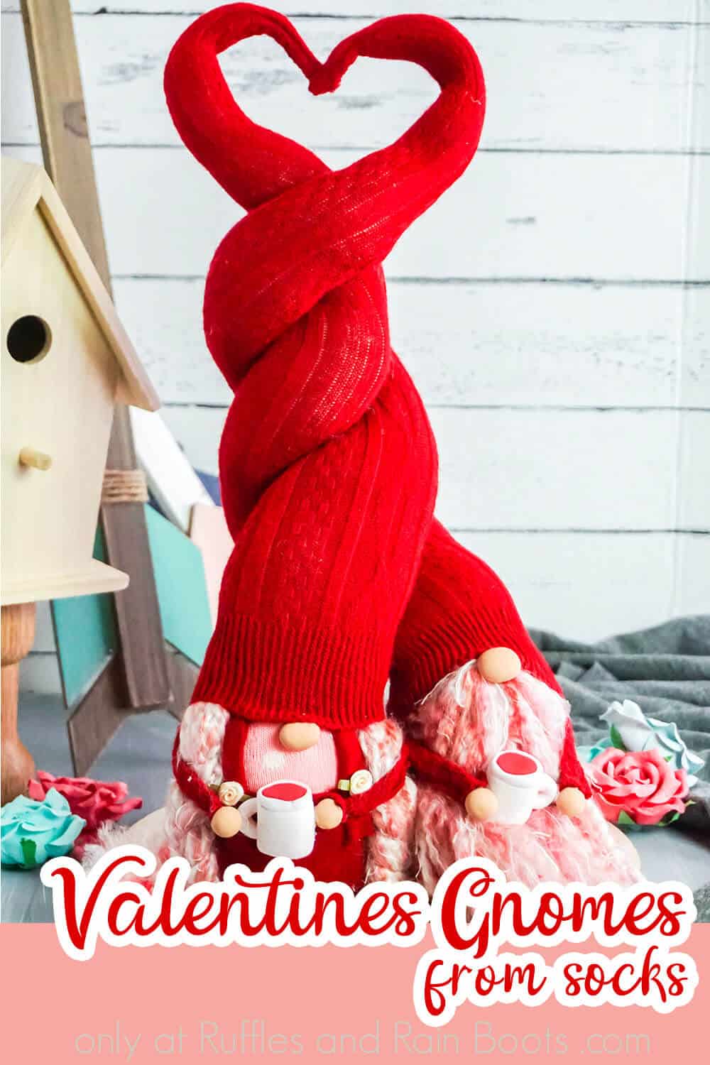 gnomes with hats twisted together with text which reads valentines gnomes from socks