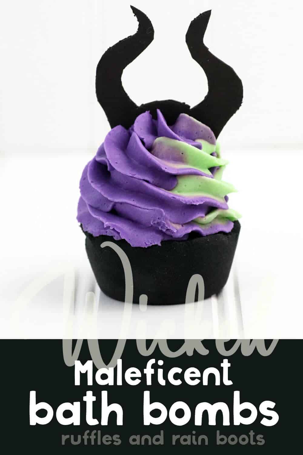 side view of purple and green swirled whipped soap and bath bomb recipe for maleficent movie with text which reads wicked maleficent bath bombs