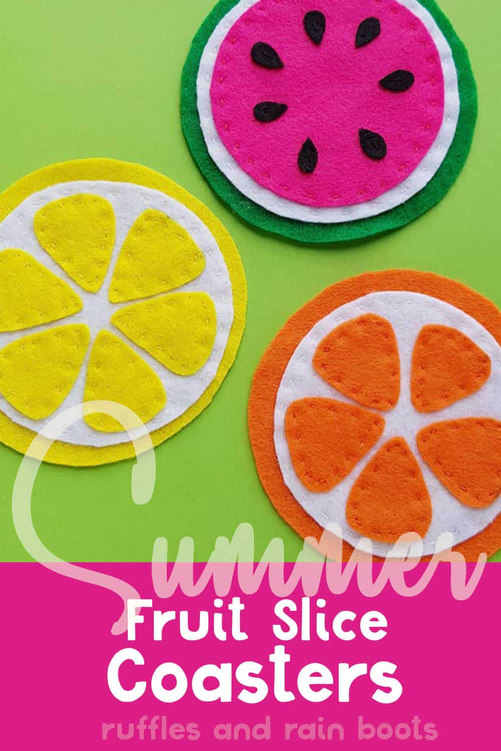 overhead view of watermelon coaster, lemon coaster and orange coaster with text which reads summer fruit slice coasters