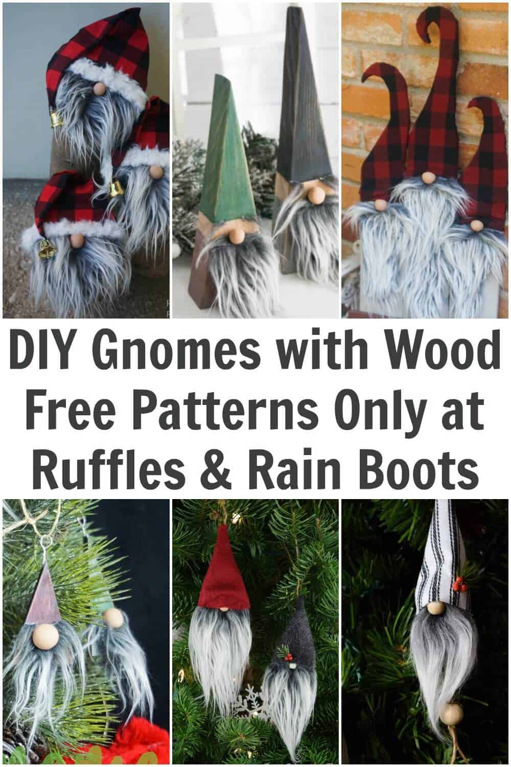 Six image collage of wood gnomes and ornaments with text which reads diy gnomes with wood free patterns.