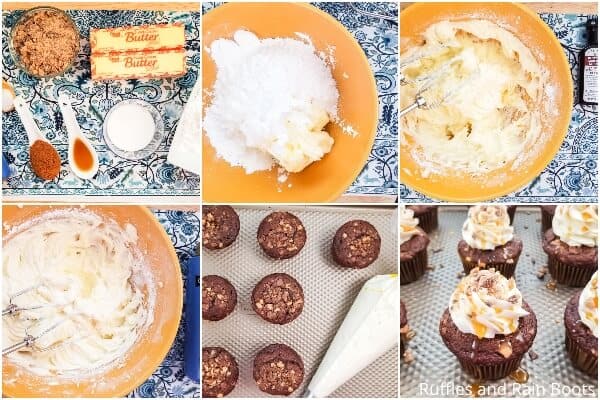 photo collage of how to make salted caramel icing for chocolate toffee cupcakes
