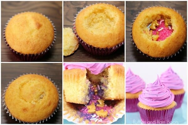 photo collage tutorial of how to make unicorn surprise cupcakes unicorn party