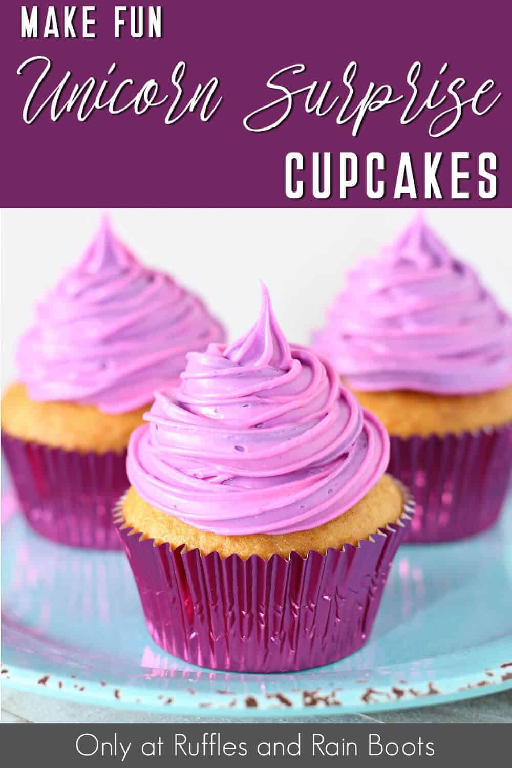 side view of purple cupcakes with sprinkles inside with text which reads make fun unicorn surprise cupcakes