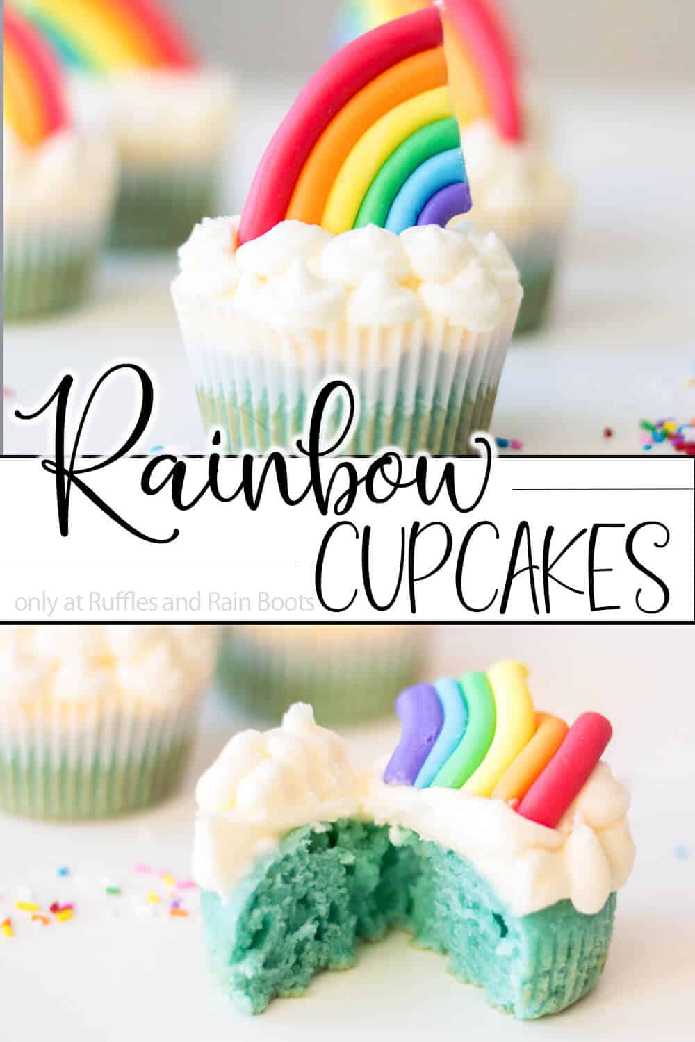 photo collage of somewhere over the rainbow cupcakes with text which reads rainbow cupcakes recipe