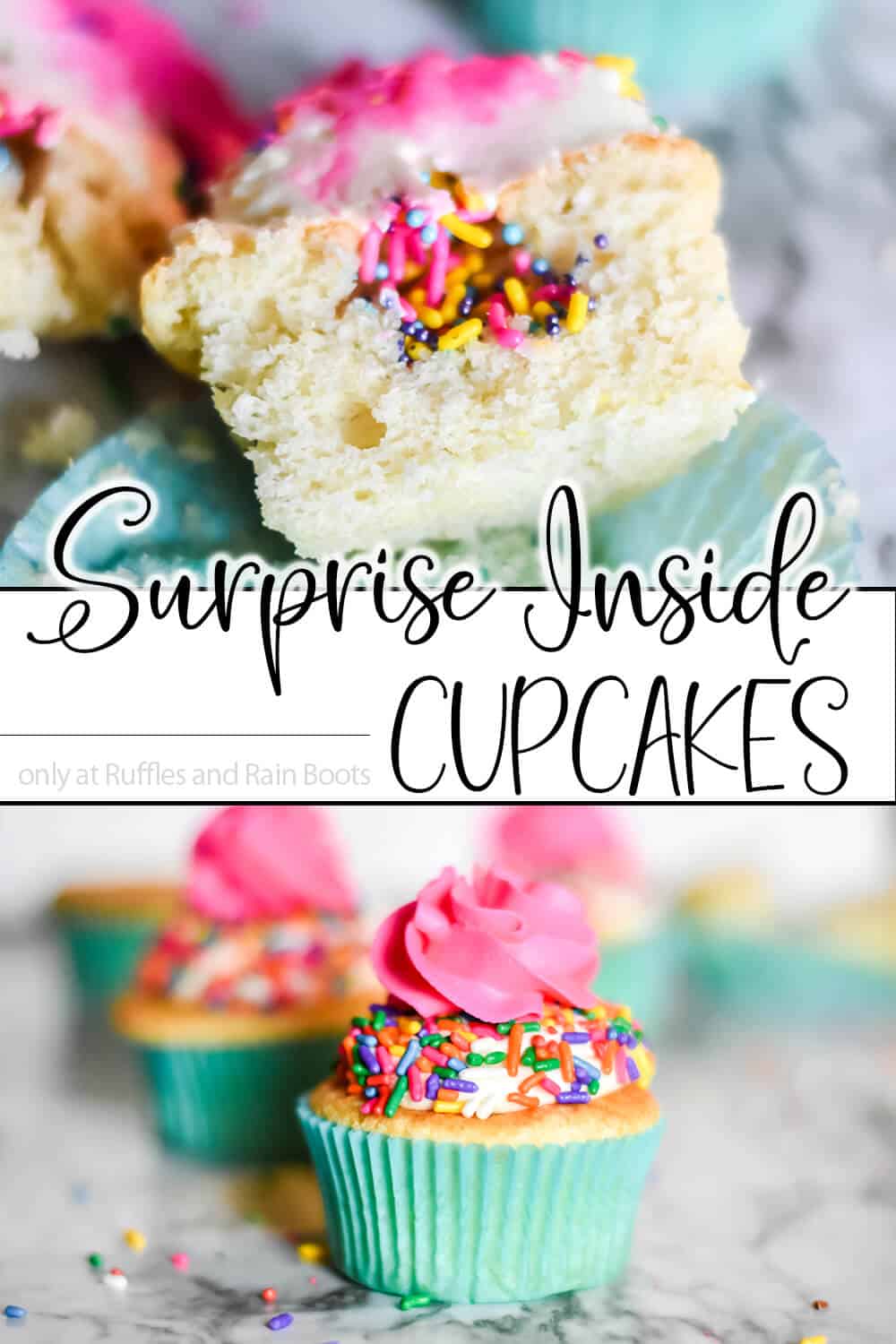 photo collage of cupcakes with sprinkles inside with text which reads surprise inside cupcakes