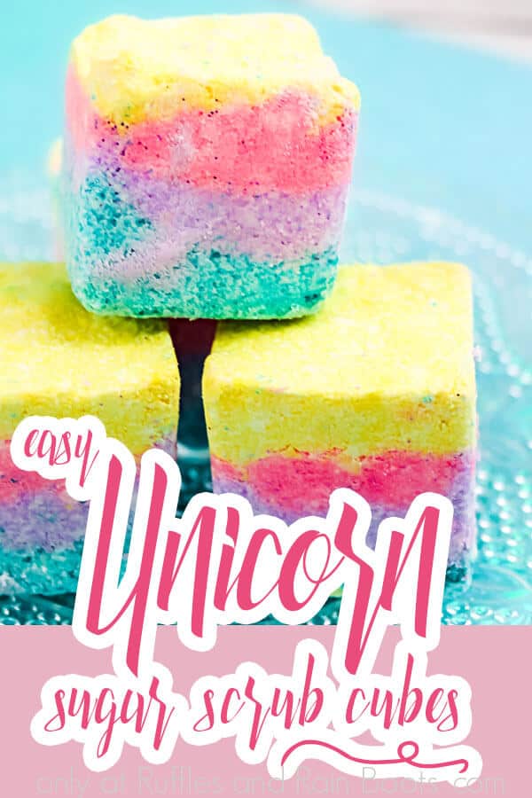 closeup of layered body scrub cubes in bright colors with text which reads easy unicorn sugar scrub cubes