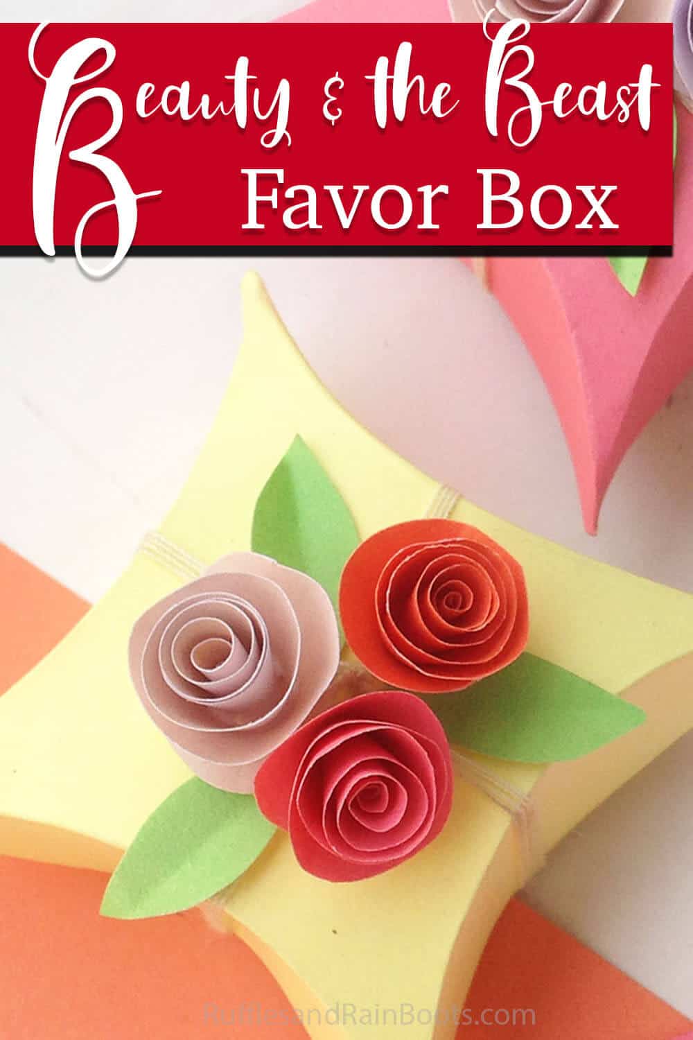 easy origami box pattern with text which reads beauty & the beast favor box