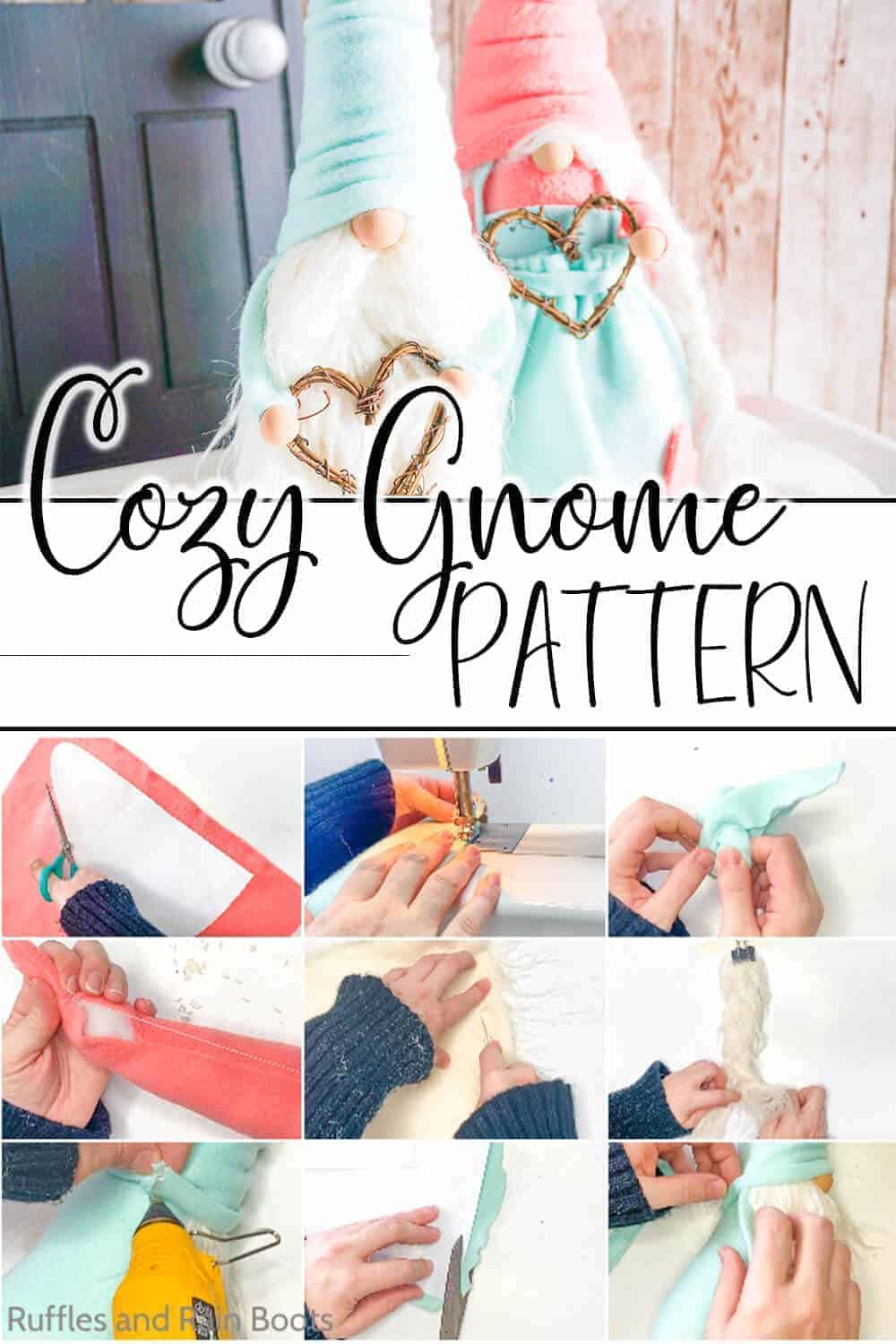 photo collage for a farmhouse gnome couple with text which reads cozy gnome pattern