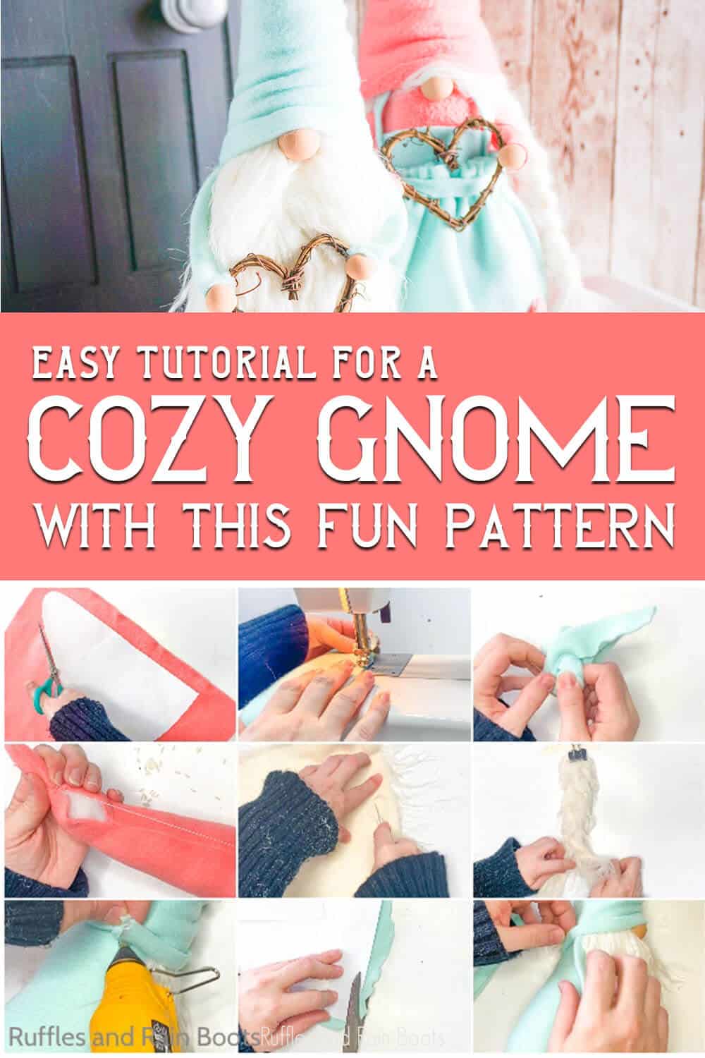 photo collage of easy diy gnome idea with text which reads easy tutorial for a cozy gnome with this fun pattern