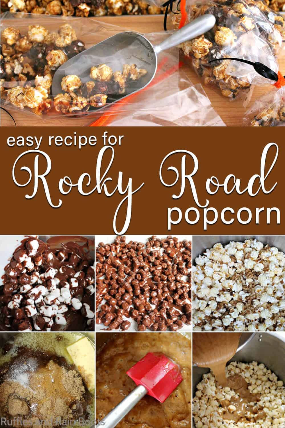 Photo collage of easy gourmet popcorn recipe with text which reads easy recipe for Rocky Road Popcorn.
