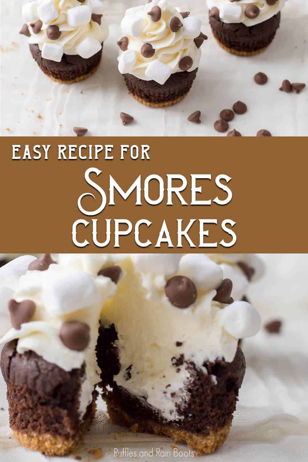Photo collage of easy camping party cupcake decorating idea with text which reads easy recipe for S'mores cupcakes.