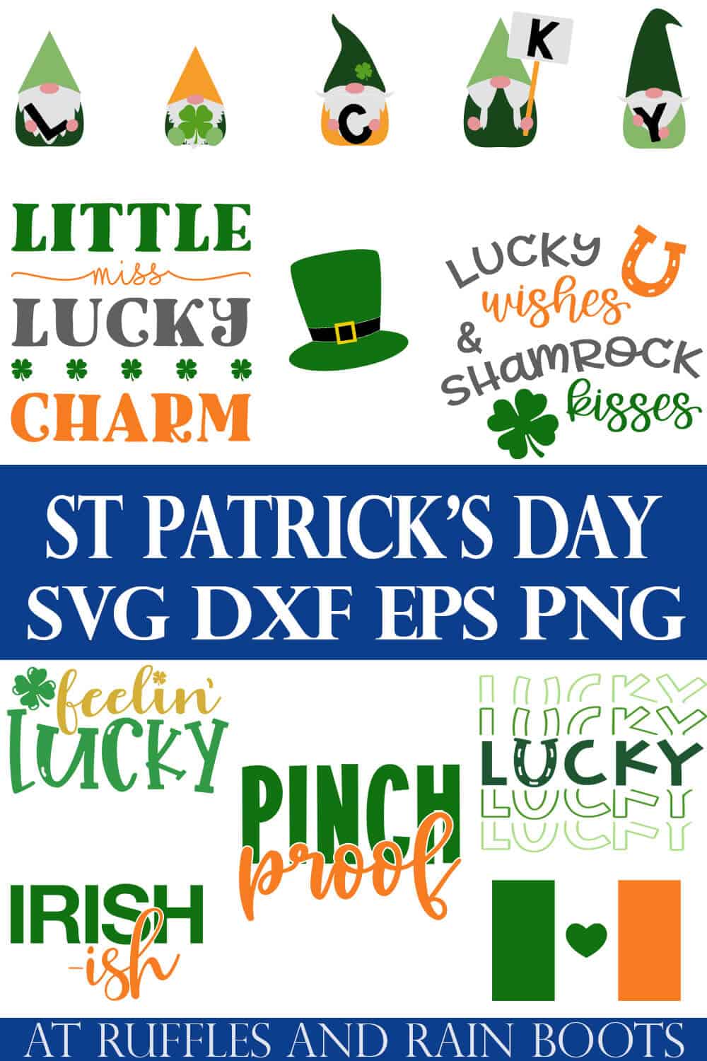 Split collage of free and premium St Patricks Day svg and cut files on ruffles and rain boots.