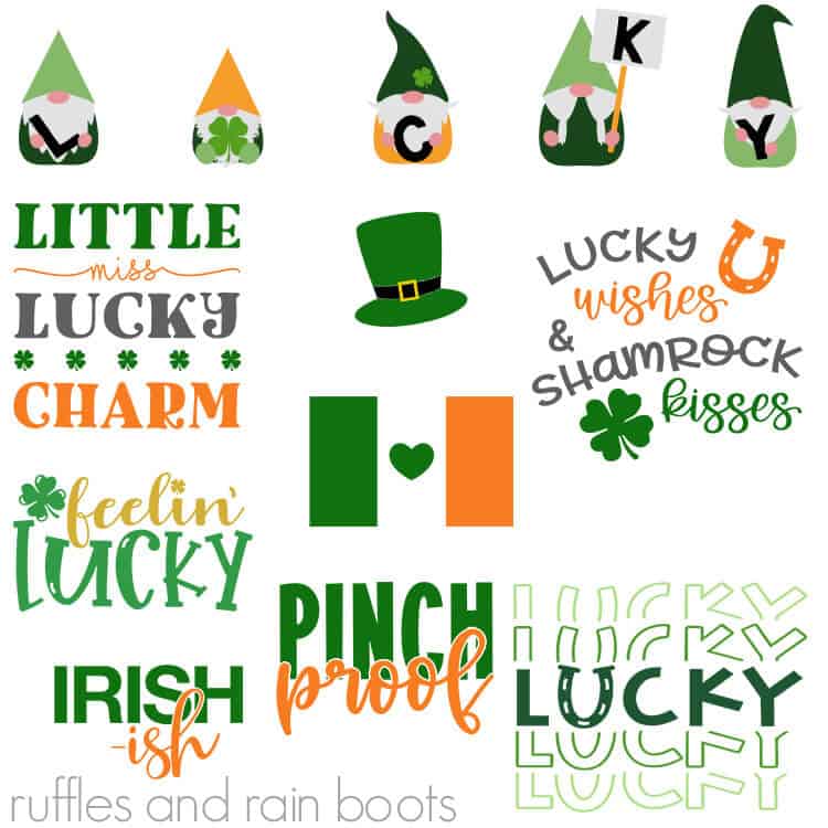 Many green white and orange svg files for St Patrick's day to use on Cricut and Silhouette cutting machines.