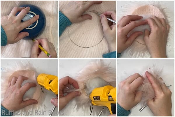 photo collage tutorial of how to make a diy faux fur pom pom animal gnome pet
