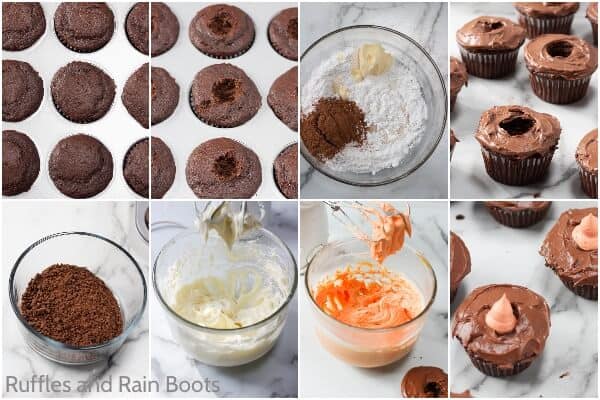photo collage of how to make easter carrot cupcakes for