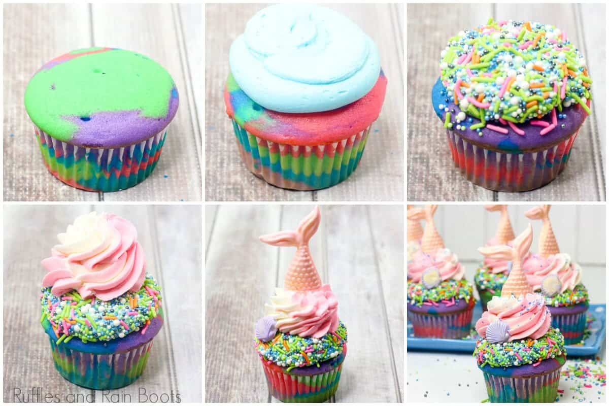 photo collage of how to make mermaid cupcakes for little mermaid party