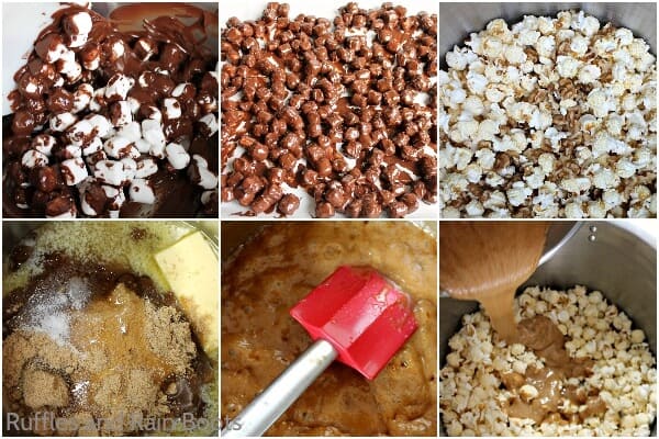 Six image, horizontal photo collage of how to make Rocky Road caramel Popcorn.