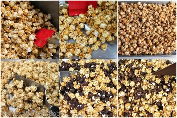 Horizontal six image photo collage of how to make Rocky Road Popcorn.