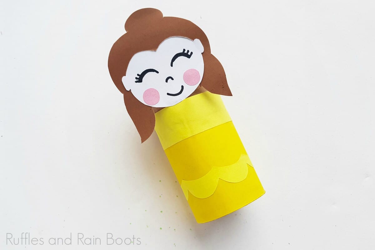 Completed Princess Belle Paper Craft on a White Background.