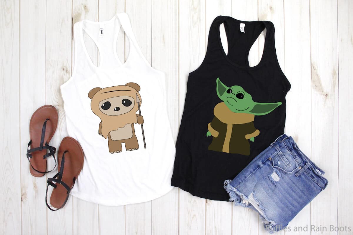 baby ewok cut file and baby yoda cut file on tank tops