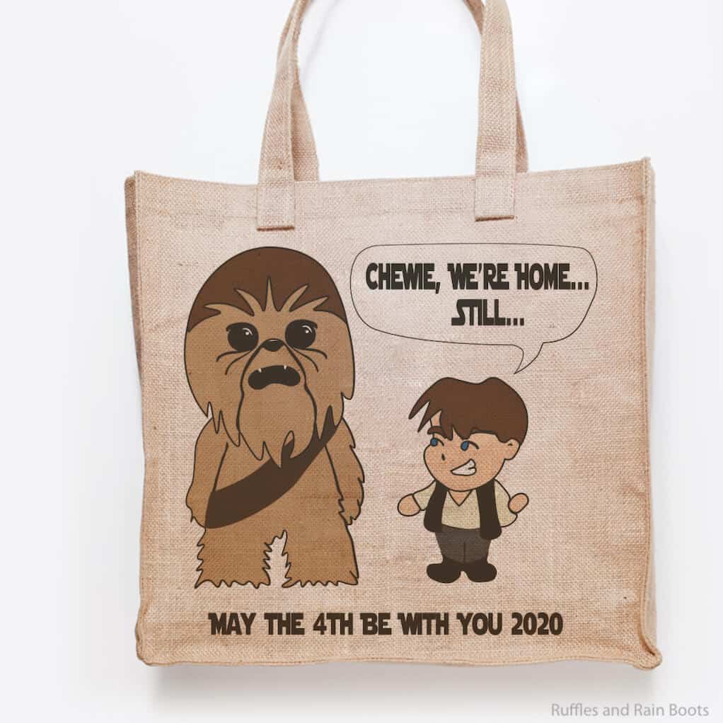han and chewie cut file for cricut or silhouette on a tote bag on a white background
