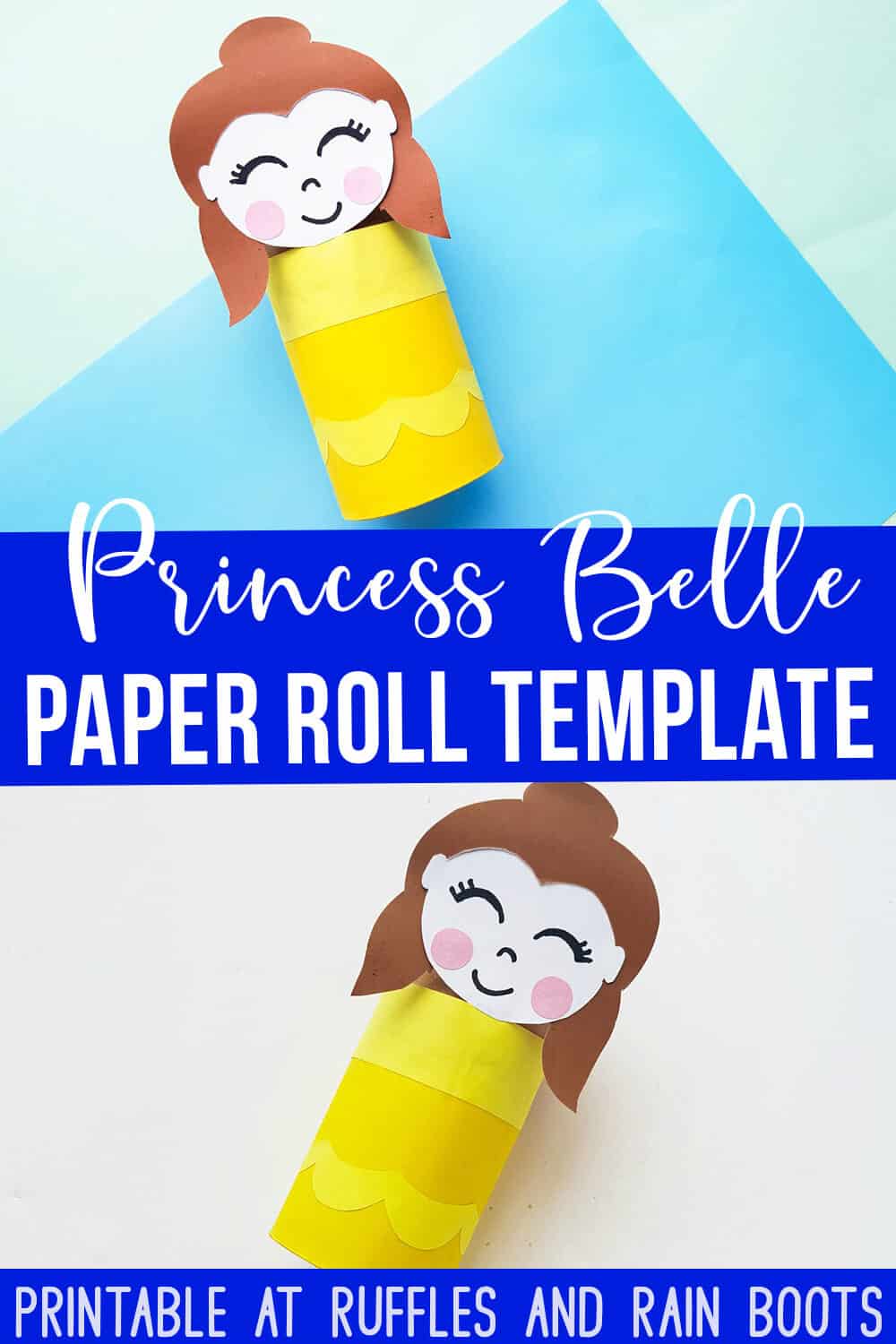 Princess Belle toilet paper roll craft on blue background with text which reads Princess Belle paper roll template