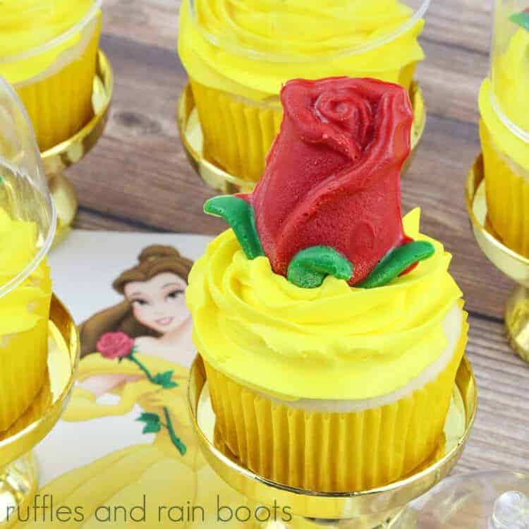 square image of a vanilla cupcake with yellow frosting and a red rose on top, sitting on a Princess Belle image.