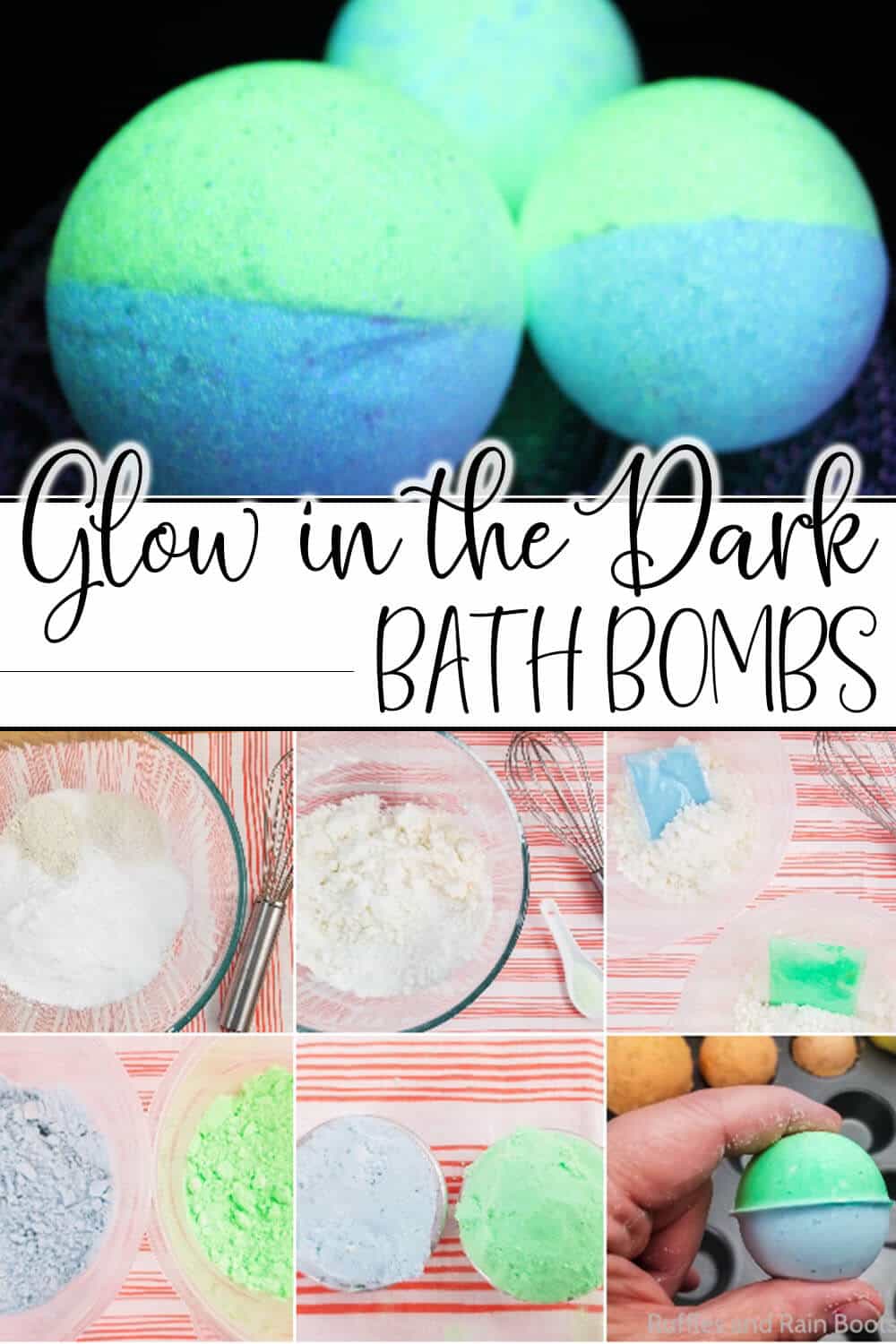 photo collage of easy phosphorescent bath bomb tutorial with text which reads glow in the dark bath bombs