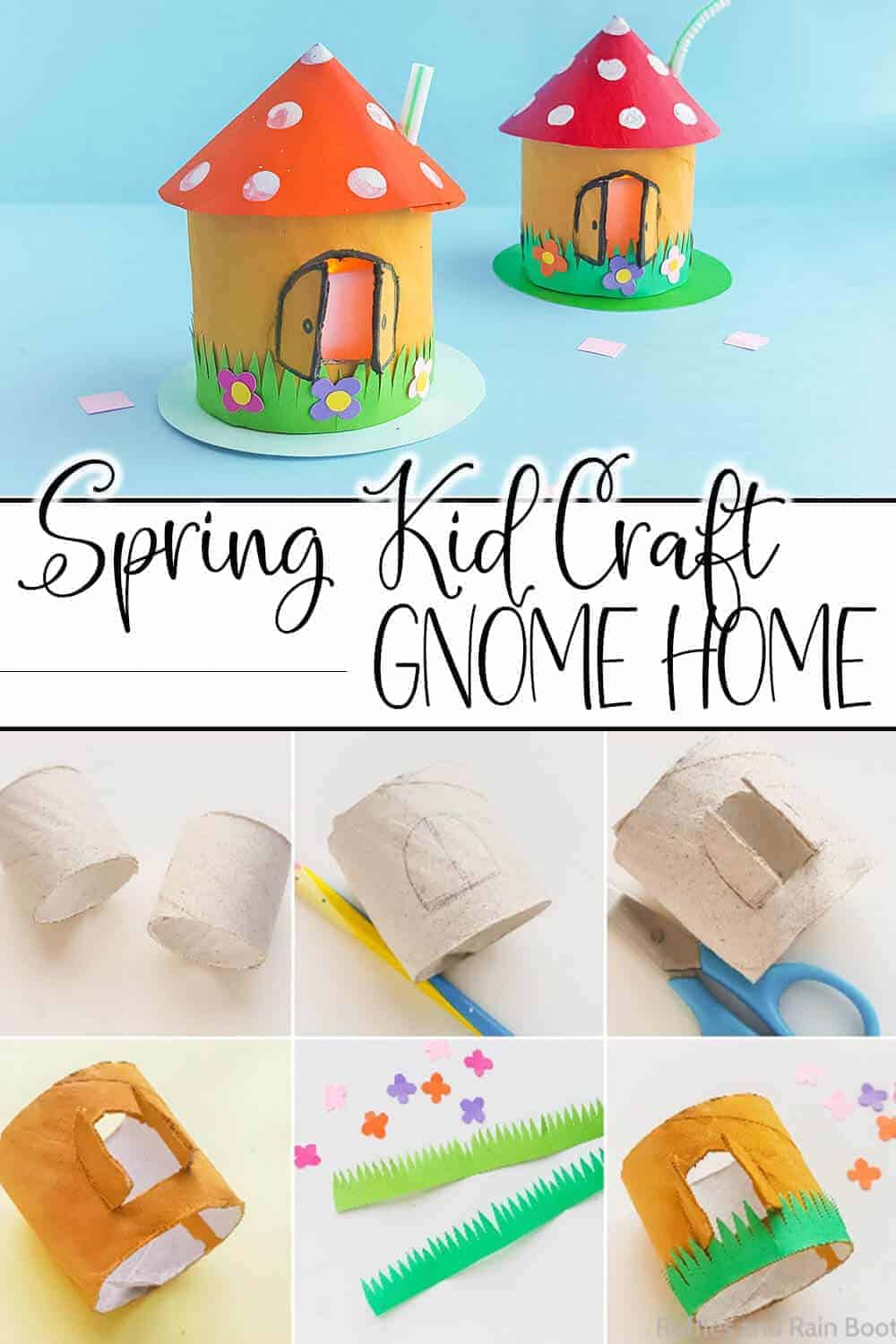 photo collage of easy kids garden gnome craft with text which reads spring kid craft gnome home