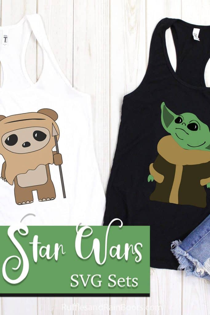 baby yoda svg and ewok svg on tank tops with text which reads star wars SVG sets