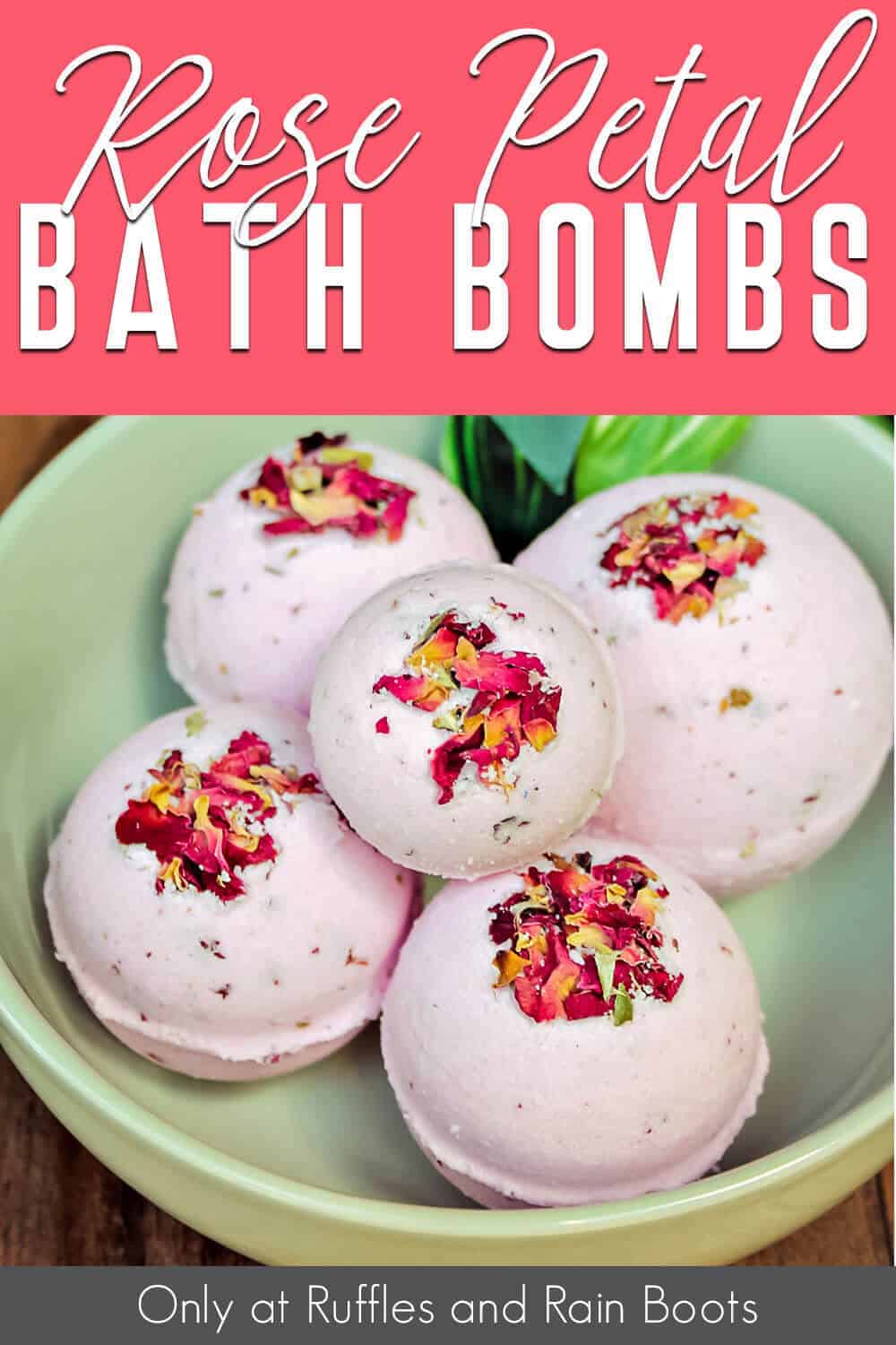 easy diy bath bomb recipe with roses with text which reads rose petal bath bombs